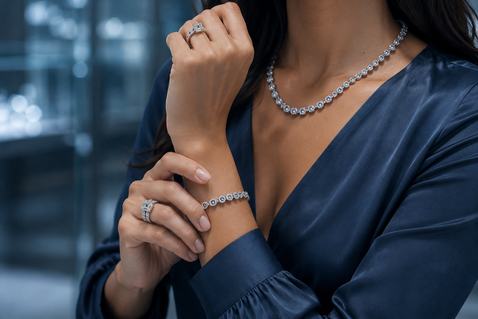 Woman wearing fine diamond jewelry from JR's Diamonds & Jewelry — rings, tennis bracelet and diamond necklace